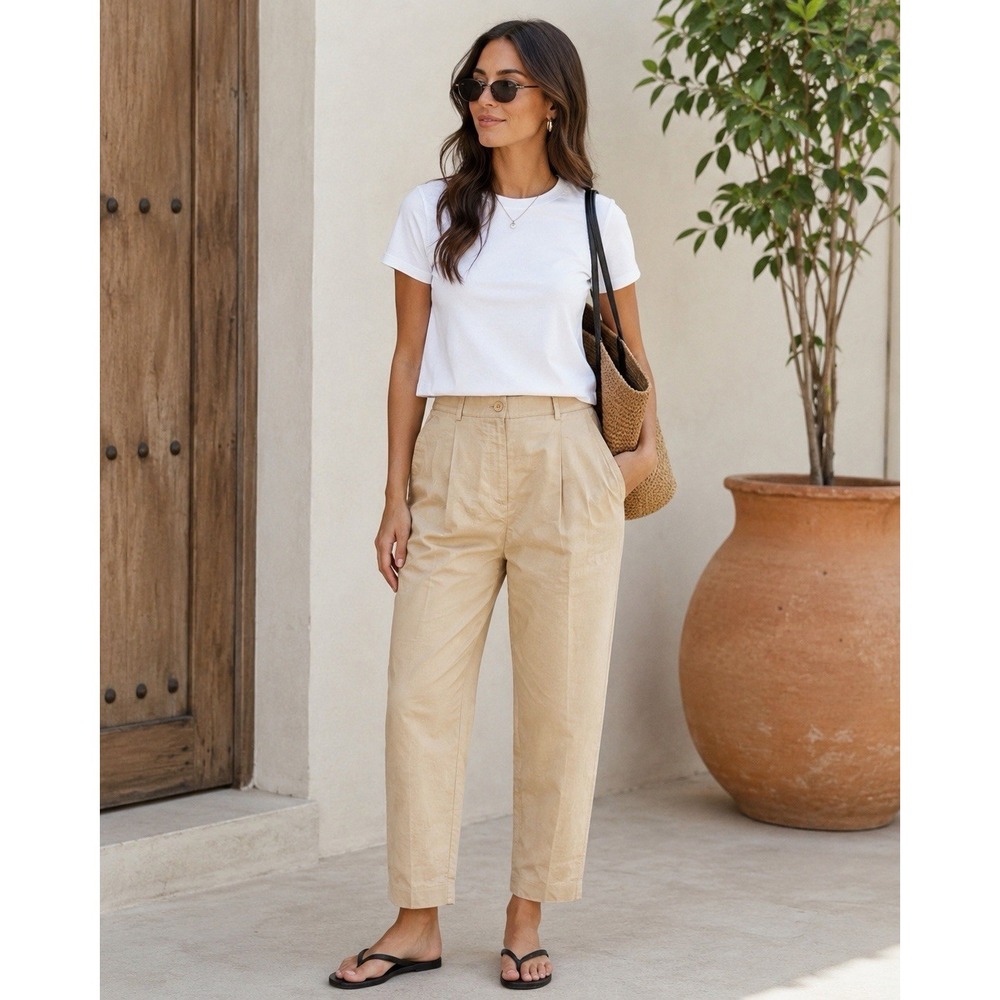 COS Linen Cotton Pleated Cropped  Trousers Womens 12 Beige High Rise 32x27
